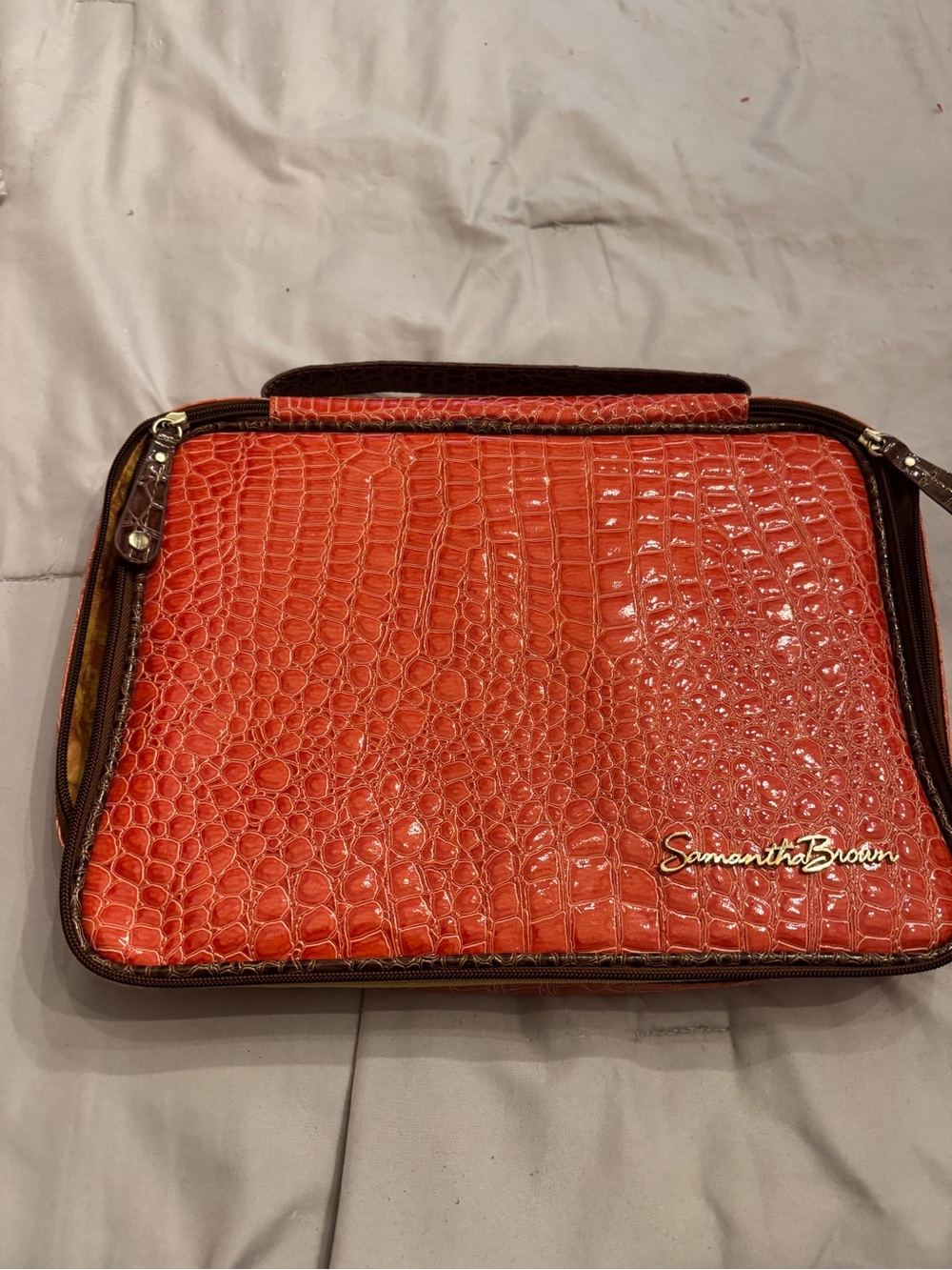 Samantha Brown Glossy Orange Croc-Embossed Cosmetic Case